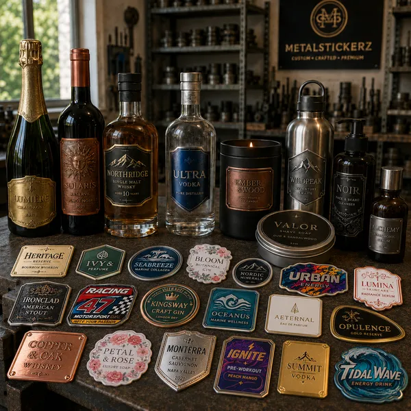 Custom metal labels applied to premium bottles, candles and cosmetic packaging