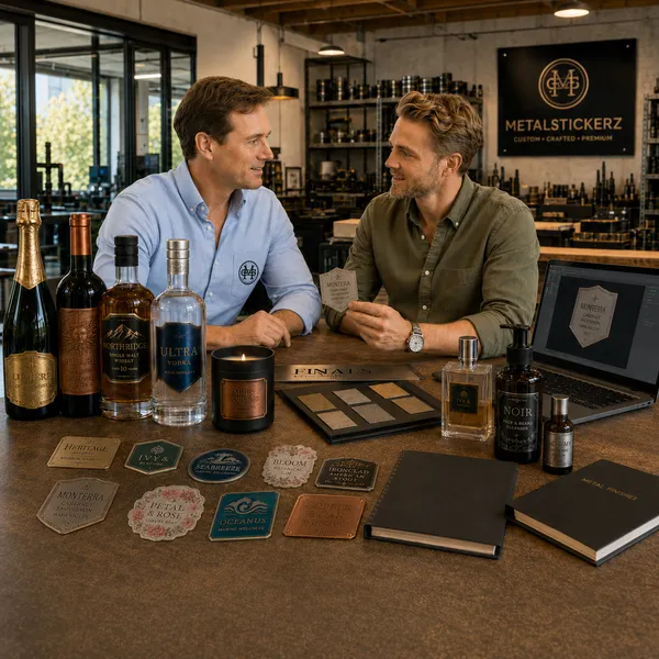 Meeting with clients to develop premium custom metal label solutions