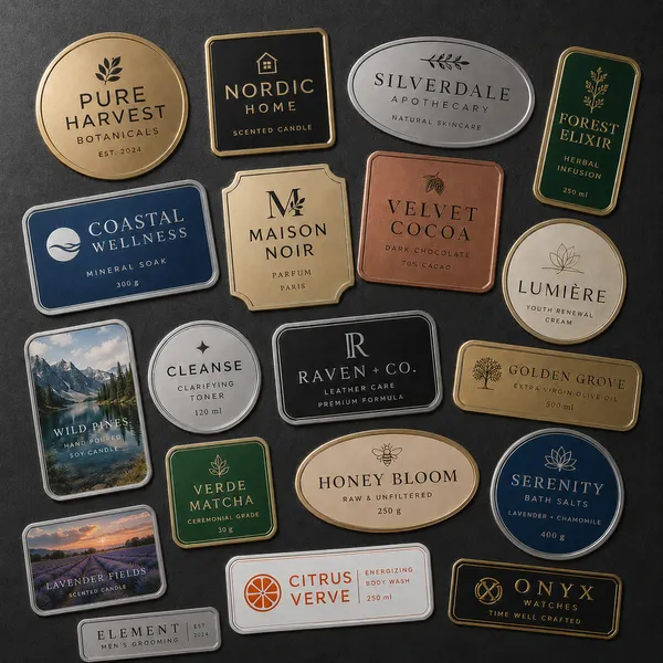 Collection of custom metal labels for beverages, cosmetics, candles and luxury products