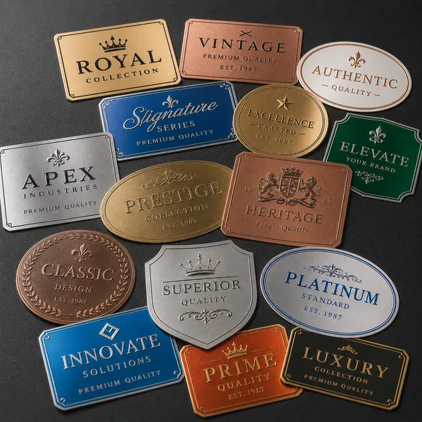 Examples of custom embossed metal labels with premium finishes
