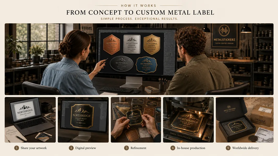 Illustration of the custom metal label production process from design to worldwide delivery