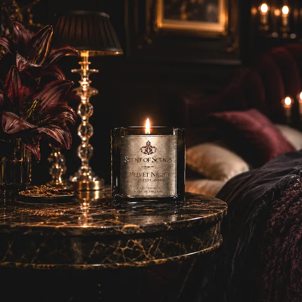 Luxury scented candle with a custom metal label in an elegant home setting