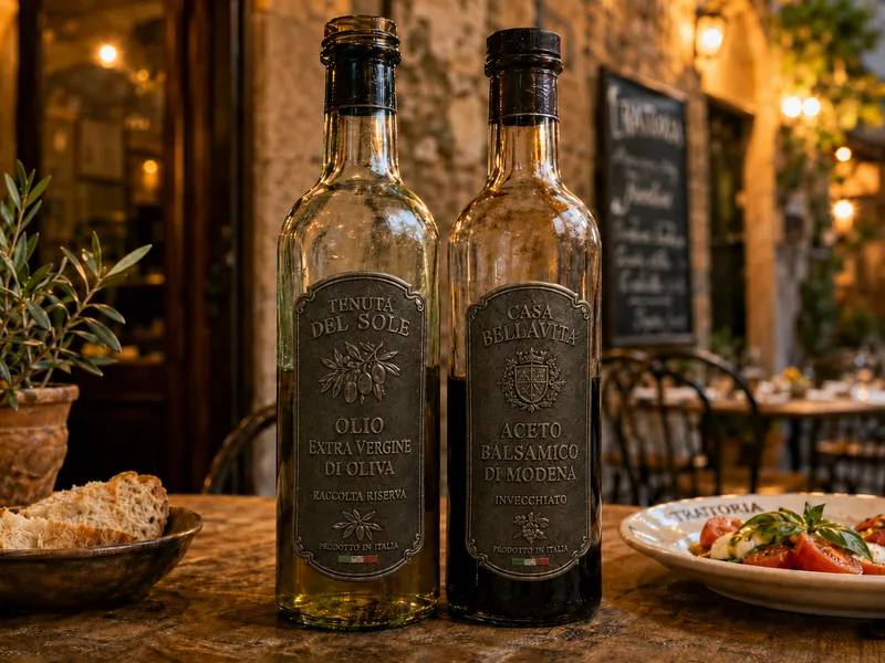 Olive oil and balsamic vinegar bottles with embossed custom metal labels